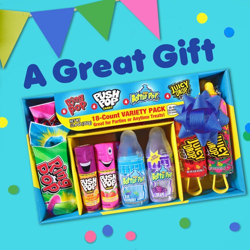 Candy Variety Pack, 18 Count Assorted Lollipops, Bulk Individually Wrapped Ring Pop, Push Pop, Baby Bottle Pop & Juicy Drop, Ideal for Birthdays, Party Favors for Kids & Hard Candy Gifts