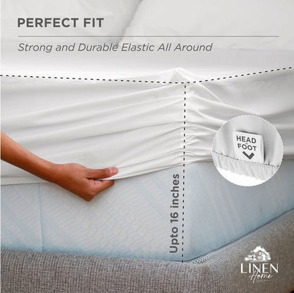 Linen Home 100% Cotton Percale Weave Fitted Sheet, King Size, White, 1 Deep Pocket Fitted Sheet, Fits Mattress Upto 16" Crisp and Cool Strong Bed Linen, 78"X80"+15"