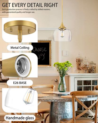 SEENMING HOUSE 2 Pack 1 Light Hanging Indoor Kitchen Island Pendant Ceiling Light 8.2" Drum Clear Glass Shade Fixture,Brushed Bronze Finish Modern Farmhouse Dinning Over Sink Adjustable Rod