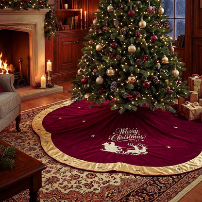 72 Inch Velvet Christmas Tree Skirt with Santa Reindeer Embroidery - Burgundy Vintage Scallop