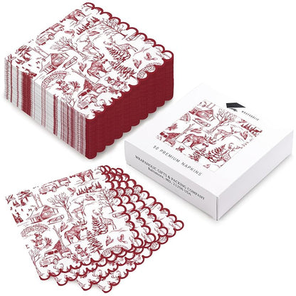 Christmas Napkins 50 Ct 3-Ply Red Toile Village 6.5" Disposable Dinner Napkins