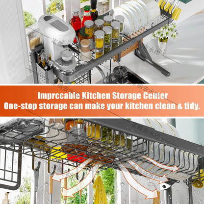 ZDRongZhen Over The Sink Dish Drying Rack,3 tier Full 304 Stainless Steel dish Drainer rack,Adjustable Length (22.8''~35.04'') Kitchen Storage Counter with Cup Hanging Set and Hook (Dark grey-2Tier)