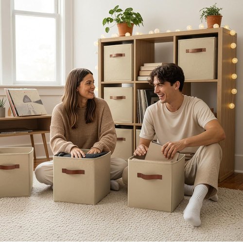 GRANNY SAYS Cube Storage Bins - 11-Inch Foldable Organizer with PU Handle, Khaki | 6-Pack for Closet & Shelves