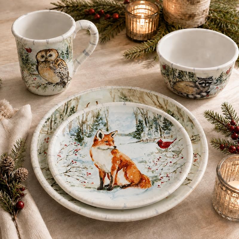 Winter’s Walk 16-Piece Ceramic Dinnerware Set for 4 | Handpainted Forest Animals