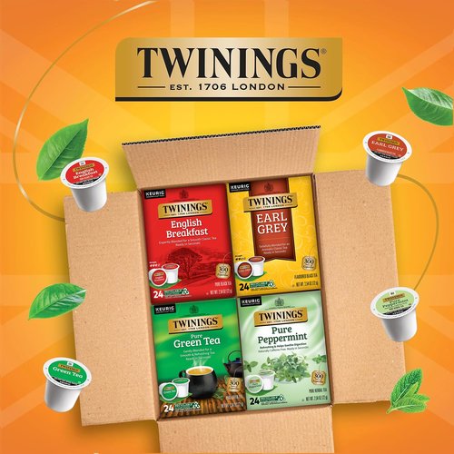 Twinings 96 K-Cup Pods Variety Pack 24 Count (Pack of 4), English Breakfast, Earl Grey, Green, and Pure Peppermint Tea for Keurig and Single Cup Brewers, Enjoy Hot or Iced