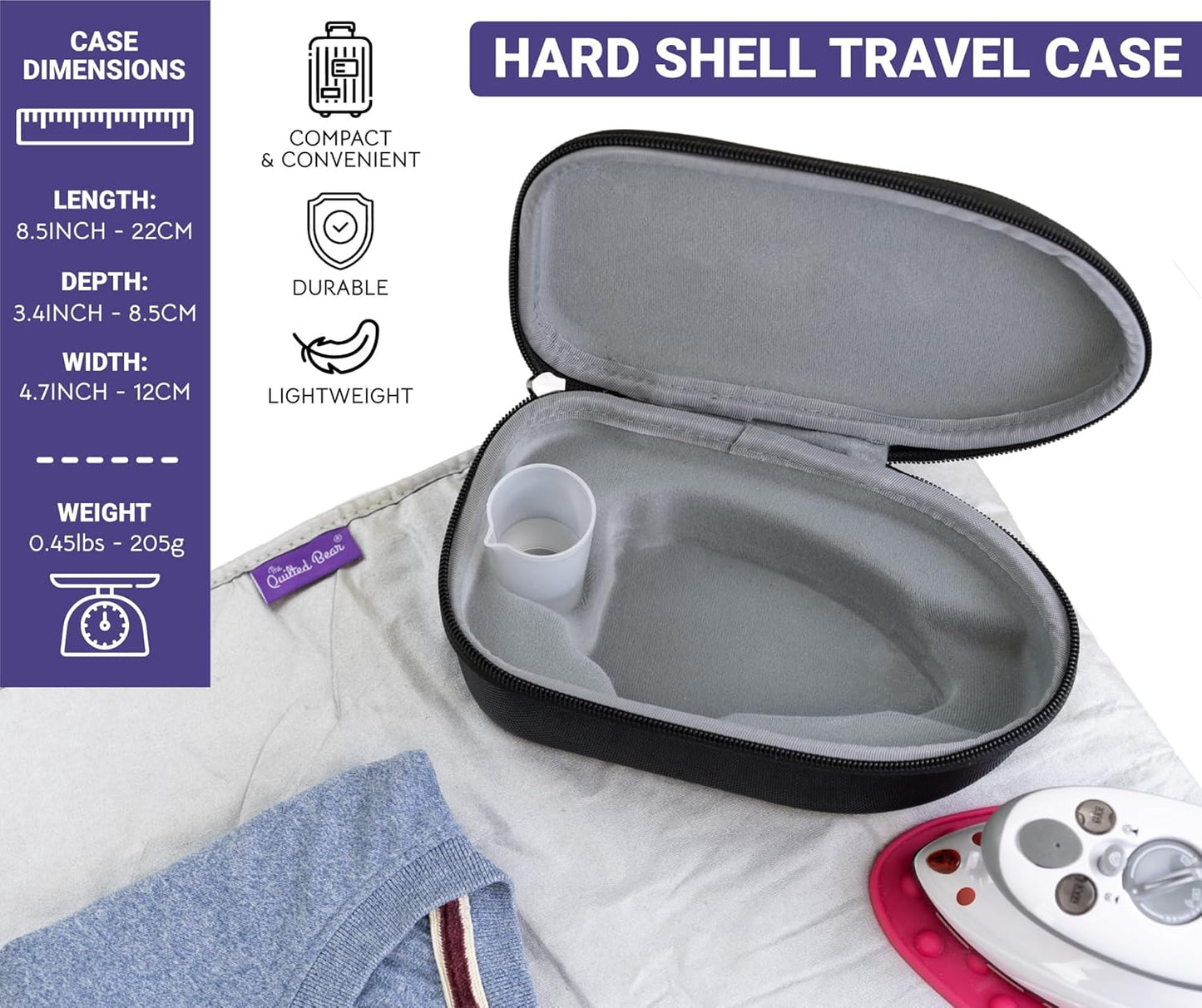 Quilted Bear Mini Steam Iron - Lightweight Travel Iron for Effortless Quilting & Wrinkle-Free Clothes | Hard Shell Case (Black)