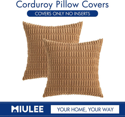 MIULEE Corduroy Throw Pillow Covers - Soft Boho Striped Design | 18x18 Inch, Brown, Perfect for Home Decor