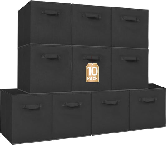 Storage Maniac Storage Cubes - 13-Inch Collapsible Bins with Handles | 10-Pack Durable Black Fabric for Organization