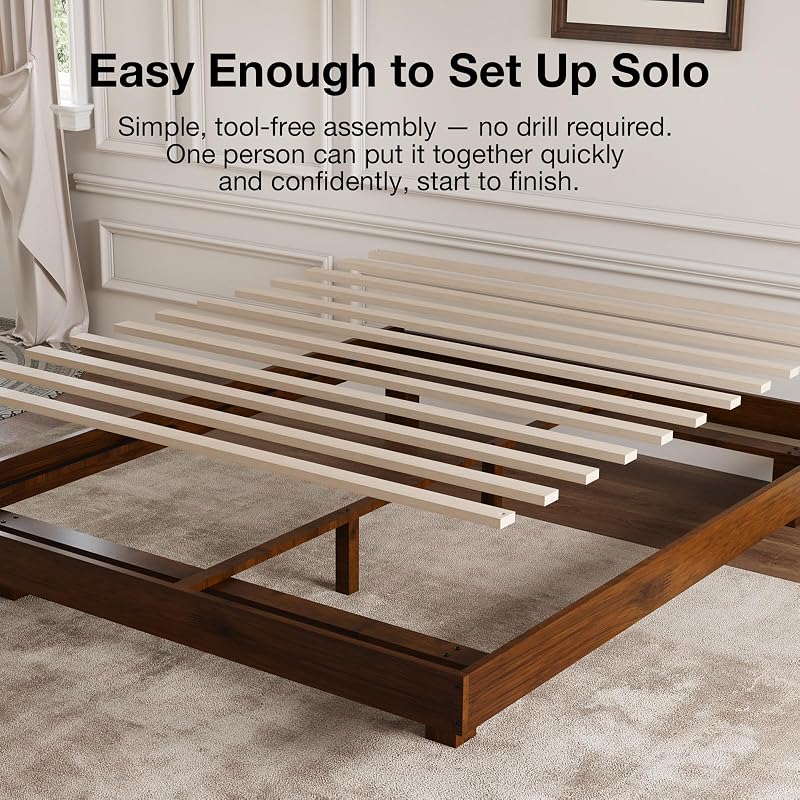 Novilla Walnut Finish Floating Queen Bed Frame with Motion Sensor LED Light & USB-C Power Station