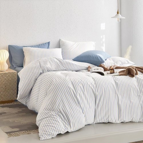 Wake In Cloud - Striped Cotton Duvet Cover Set, Ticking Stripe Vertical Pinstripe Farmhouse, 100% Washed Cotton Textured Bedding Set, 3 Pieces, Blue White, Queen Size