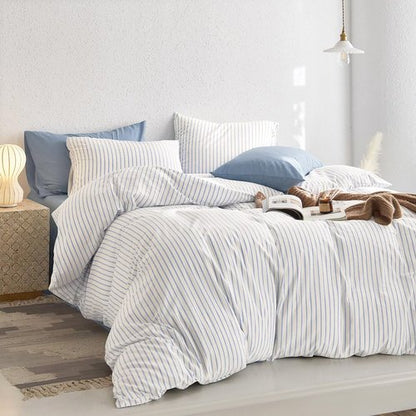 Wake In Cloud - Striped Cotton Duvet Cover Set, Ticking Stripe Vertical Pinstripe Farmhouse, 100% Washed Cotton Textured Bedding Set, 3 Pieces, Blue White, Queen Size