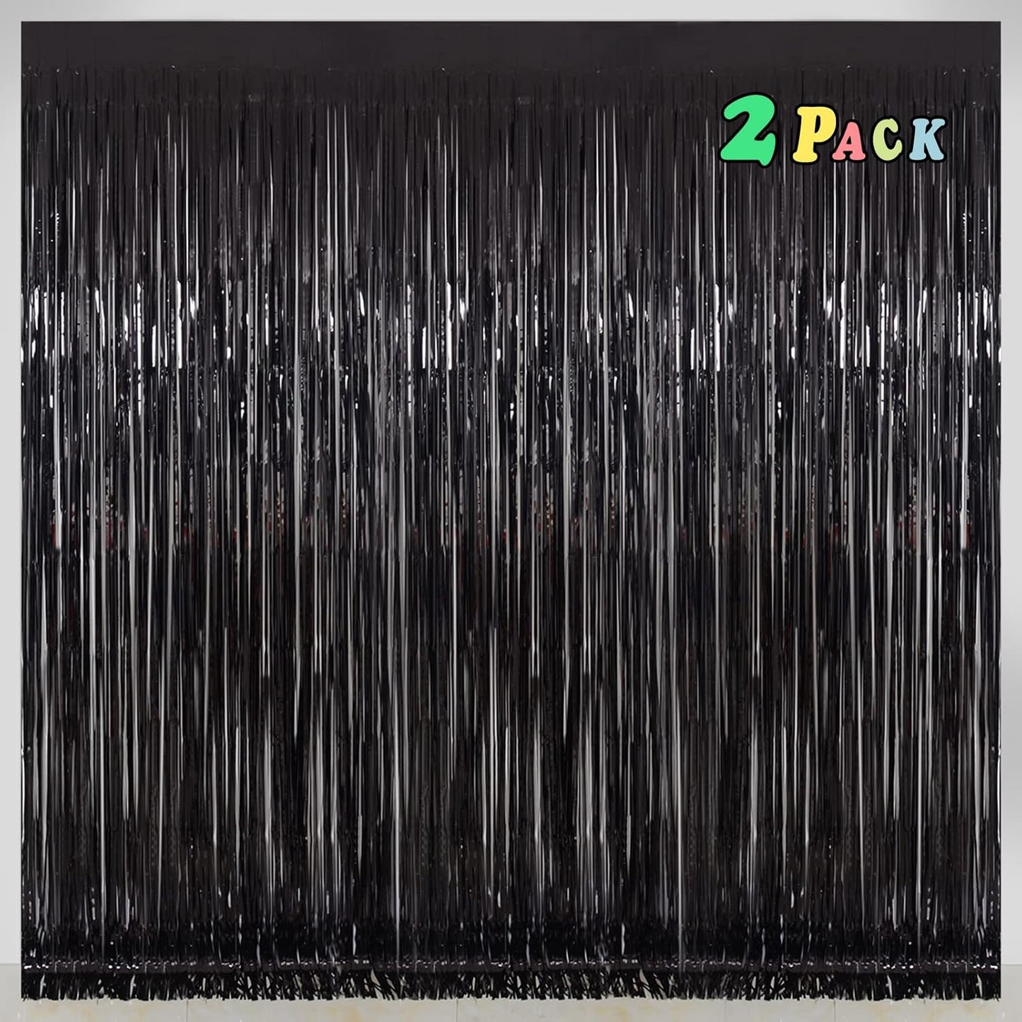 Melsan Black Tinsel Fringe Backdrop Curtains - 3.2 x 8 Ft Photo Backdrop for Parties | Pack of 2