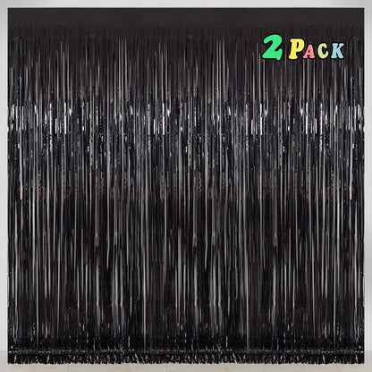 Melsan Black Tinsel Fringe Backdrop Curtains - 3.2 x 8 Ft Photo Backdrop for Parties | Pack of 2