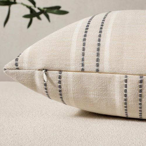 Hckot Throw Pillow Covers - Set of 2 Textured Linen Striped Decorative Cushions | 20x20 Inches, Grey