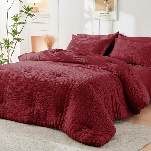 HYMOKEGE Burgundy Twin Comforter Set Seersucker 5 Pieces, All Season Luxury Bed in a Bag for Bedroom, Bedding Set with Comforters, Sheets, Pillowcase & Sham