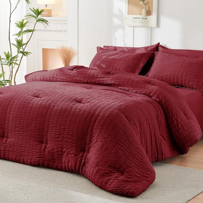 HYMOKEGE Burgundy Twin Comforter Set Seersucker 5 Pieces, All Season Luxury Bed in a Bag for Bedroom, Bedding Set with Comforters, Sheets, Pillowcase & Sham