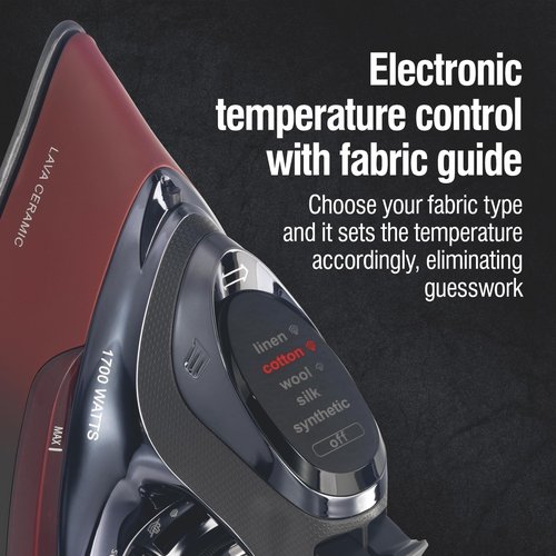 CHI Steam Iron for Clothes with 8' Retractable Cord, 1700 Watts, 3-Way Auto Shutoff, 400+ Holes, Professional Grade, Temperature Control Dial, Lava Infused Ceramic Soleplate, Black and Red (13113)