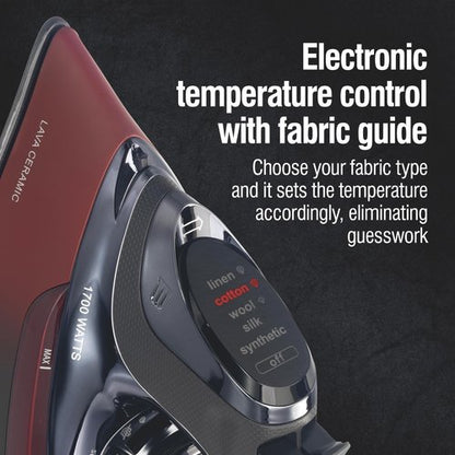 CHI Steam Iron for Clothes with 8' Retractable Cord, 1700 Watts, 3-Way Auto Shutoff, 400+ Holes, Professional Grade, Temperature Control Dial, Lava Infused Ceramic Soleplate, Black and Red (13113)