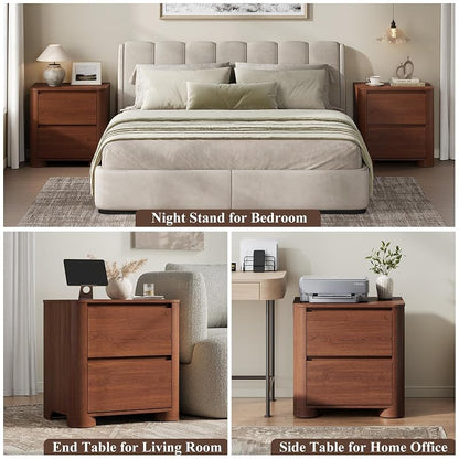 Walnut Nightstand with Charging Station, 2 Drawers, 23.6" W x 23.6" H