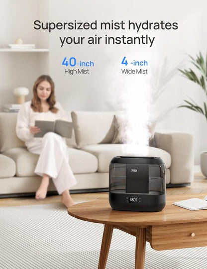 Dreo Smart Humidifier - 4L Top Fill Cool Mist for Large Rooms | 36H Runtime, Touch/App/Voice Control, Nightlight, Black
