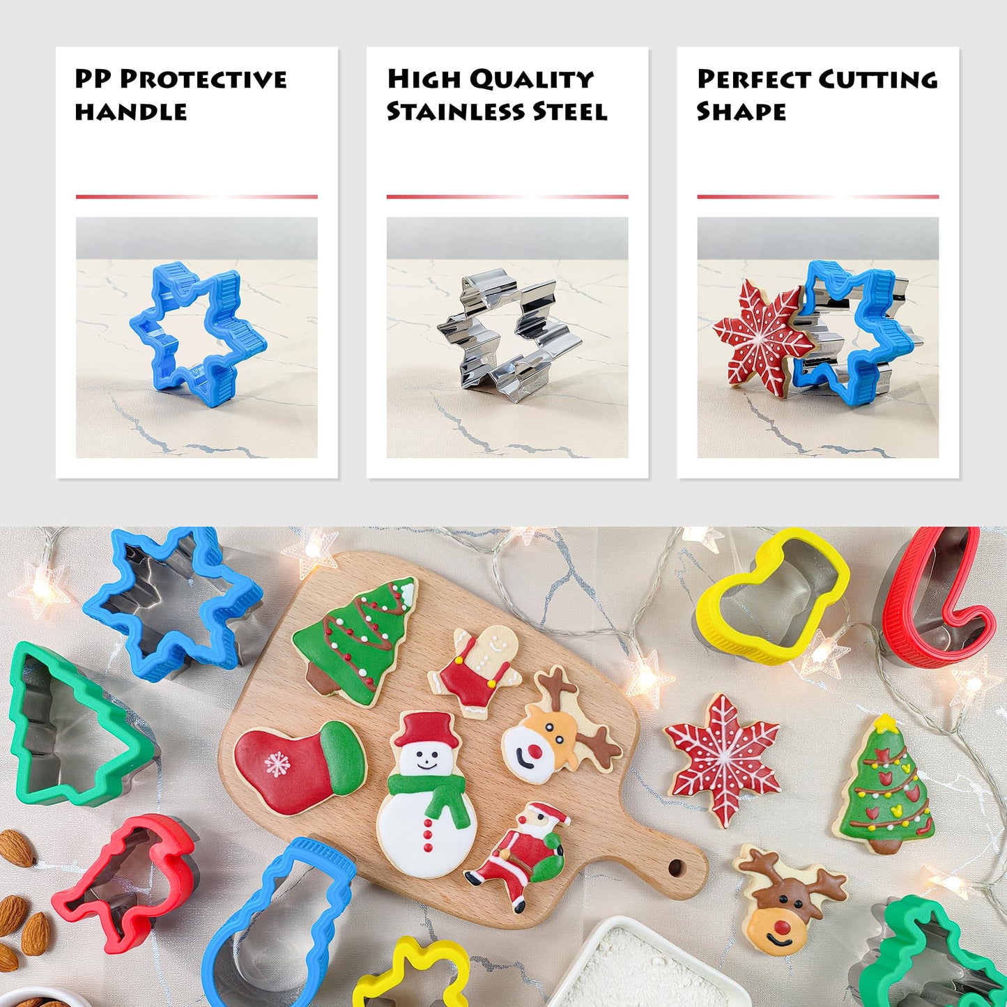 Christmas Cookie Cutters 8-Pc, Holiday Biscuit Cutters with Comfort Grip, Baking Cutter Molds, Holiday Decorative Party Supplies (Christmas-8Pcs)