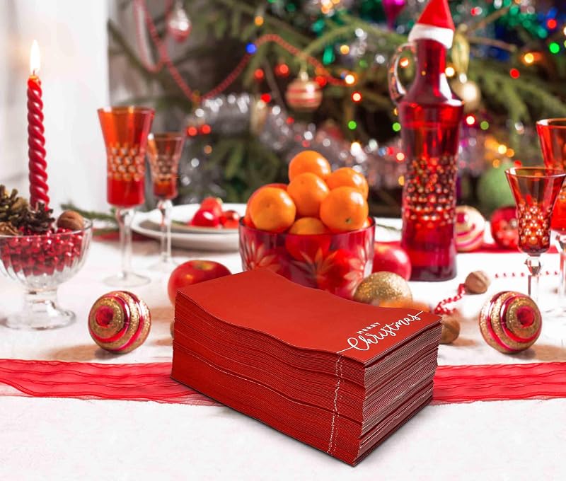 Merry Christmas Guest Napkins Disposable Paper (100) 7.5 x 4.25 in – Red Holly Design