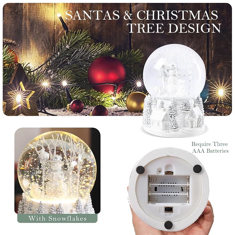 Bdor Snowman Christmas Snow Globe - White Winter Scene, 8 Melodies, Dual Light Modes