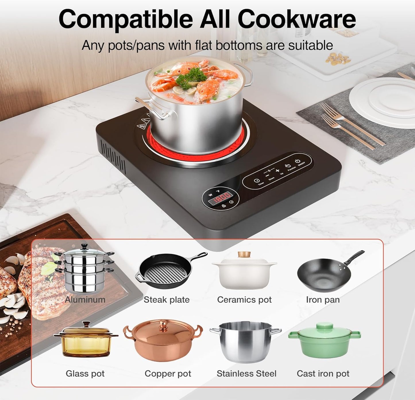 Skiennix Single Burner Electric Cooktop - 1800W Portable Stove with LED Touch Control & Safety Features