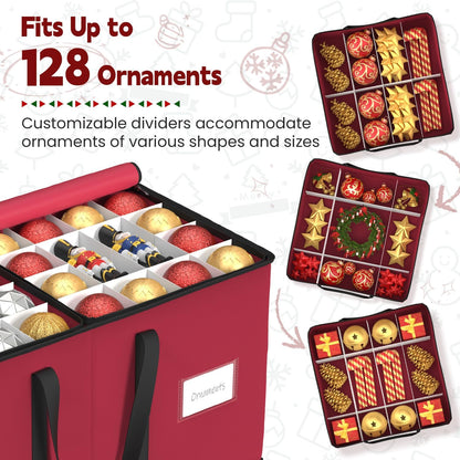 Sunvigor Christmas Ornament Storage Box - Holds 128 Ornaments with Adjustable Dividers & Dual Zippers | Rose Red