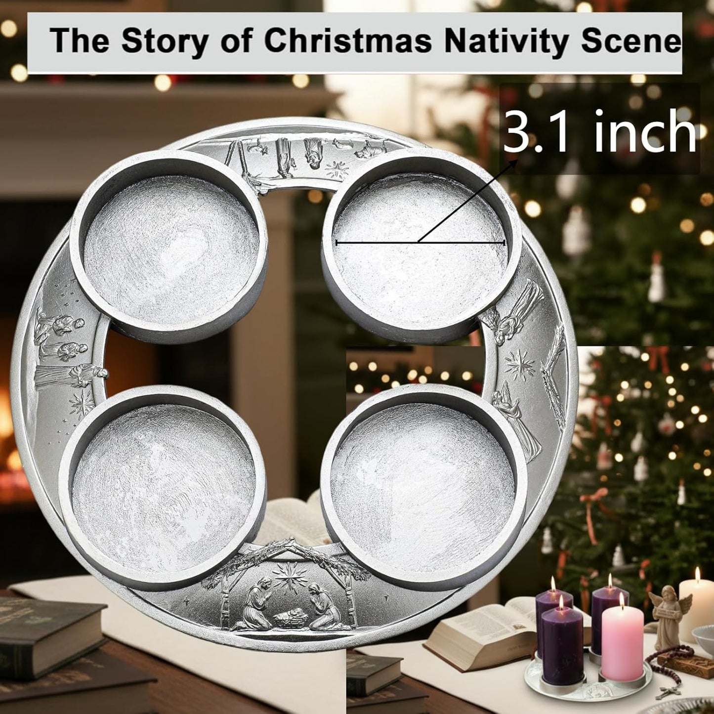 Shellwei Advent Wreath Candle Holder - Metal Nativity Scene Centerpiece for Christmas Decor | Fits 3-Inch Pillar Candles