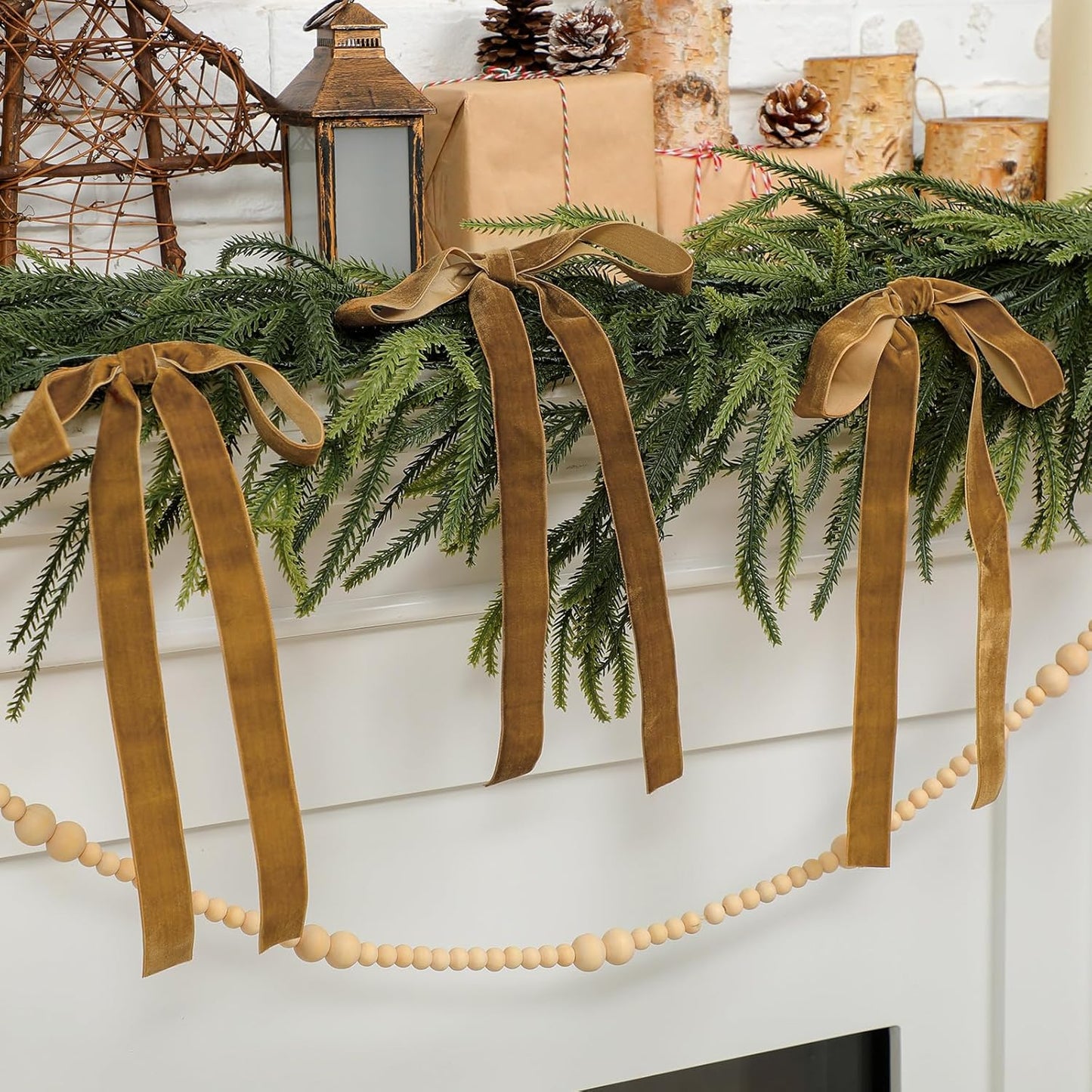Skiennix 24 Pcs Velvet Bows - Vintage Ribbon Bows for Christmas Tree & Crafts | Khaki, 9 x 13 Inch