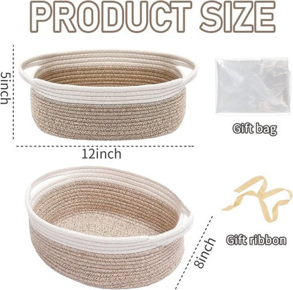 JMvicyroam Woven Basket - Small Rope Storage Bin with Handles for Organizing Shelves & Closets | White & Oatmeal