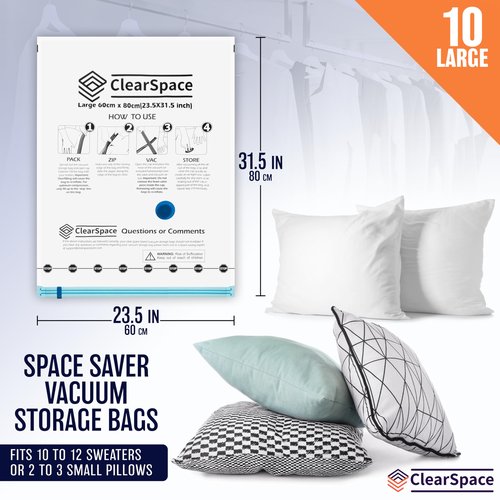 ClearSpace Vacuum Seal Bags for Clothing, Vacuum Storage Bags, 10 Large – Space Saver Bags, Blanket Storage, Clothes Storage – Space Bags, Hand Pump Included