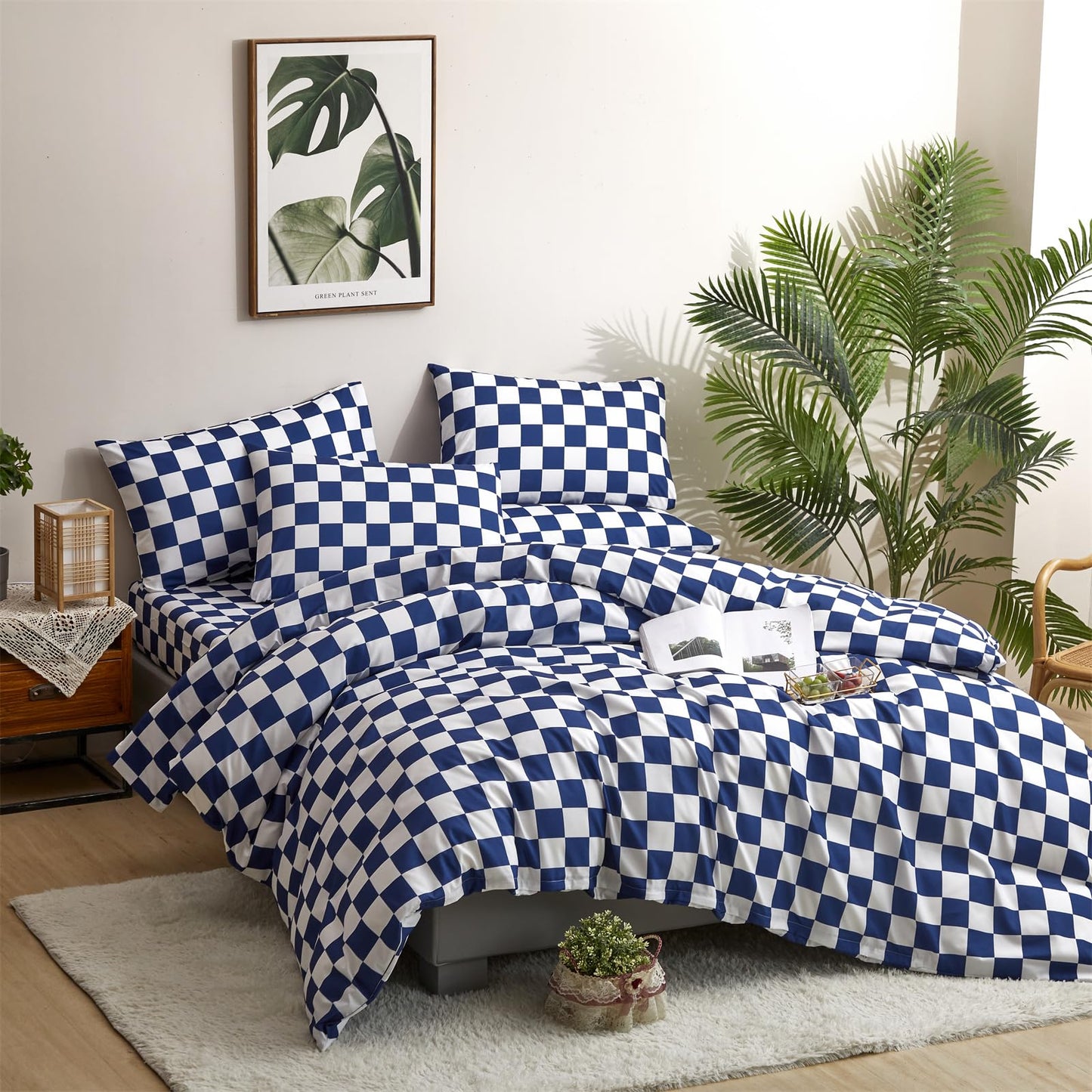 Luxlovery Blue Plaid Comforter Set Cal King Blue Grid Bedding Comforter Set California King Check Buffalo Modern Chic Blanket Soft Breathable Bright Blue Geometric Abstract Bedding Set