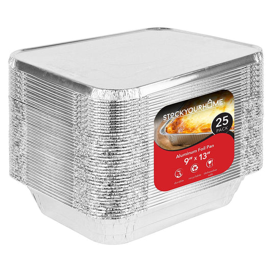 Foil Pans with Lids - 9x13 Aluminum Pans with Covers - 25 Foil Pans and 25 Foil Lids - Disposable Food Containers Great for Baking, Cooking, Heating, Storing, Prepping Food Silver