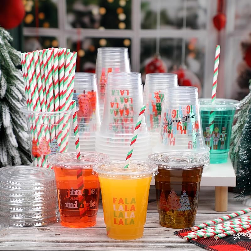 12 oz Christmas Cups with Red & Green Straw Pack of 50 - Disposable Plastic Cups with Lids, Jingmore Variation: Red and Green+12 Ounces