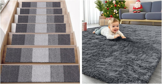 OLANLY Stair Treads - Non-Slip Protection for Wooden Steps | Grey, 2-Piece Bundle for Living Room & Bedroom