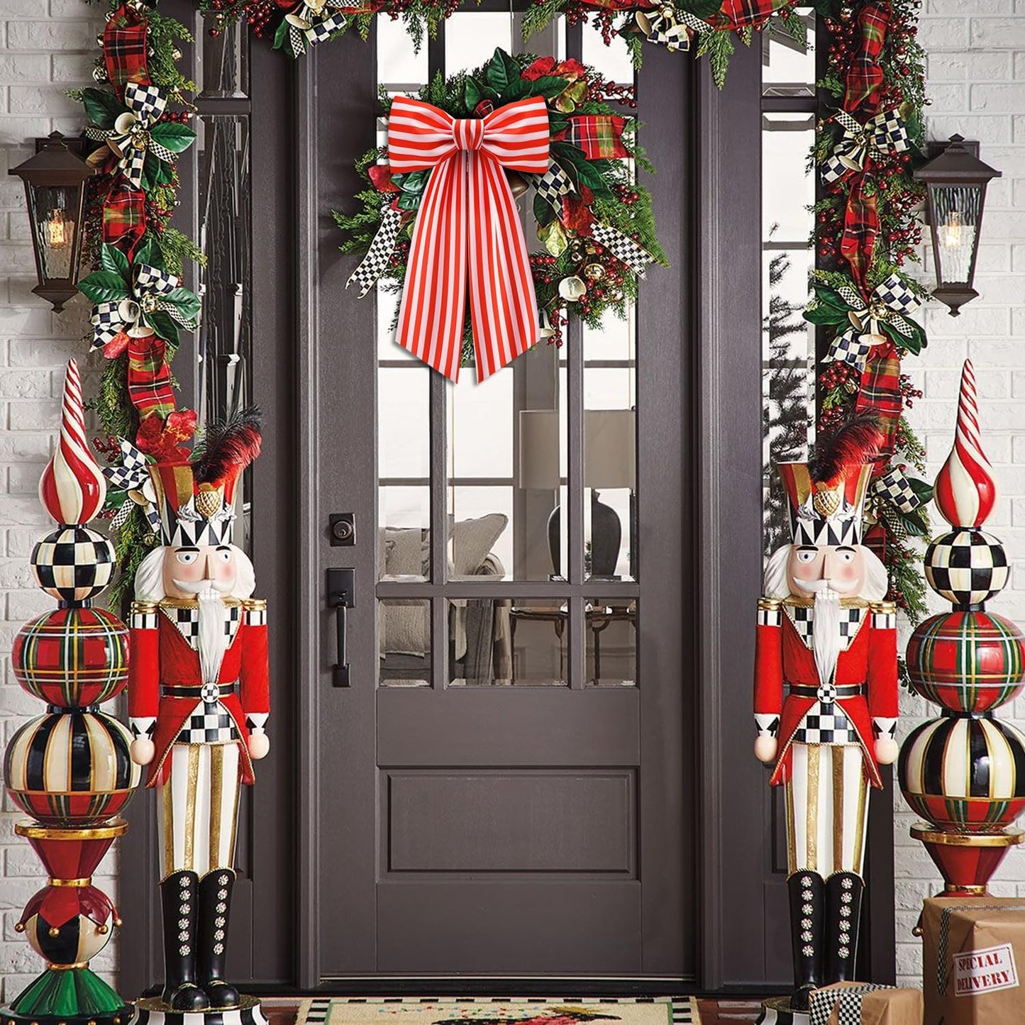 Stripe Boxwood Wreath Sash by [Brand Name] - 2 Pack Red and White Decorative Door Garlands