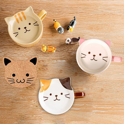 2Pcs Cute Cat Mug with Lid - 10oz Ceramic Tea Cups Set (Brown + Yellow)