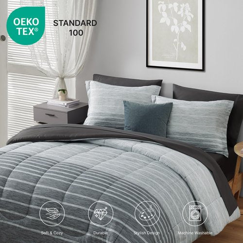 Monbix Queen Comforter Set - 7 Pieces Bed in a Bag Queen, Grey-Stripe Bedding Sets, All Seasons Comforter Bed Set with Sheets, Pillowcases & Shams