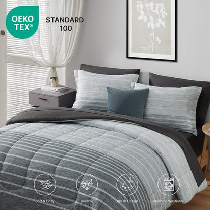 Monbix Queen Comforter Set - 7 Pieces Bed in a Bag Queen, Grey-Stripe Bedding Sets, All Seasons Comforter Bed Set with Sheets, Pillowcases & Shams