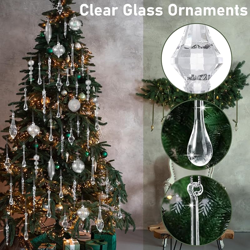 24 Pack Clear Christmas Ornaments - Glass Balls & Acrylic Drops Set