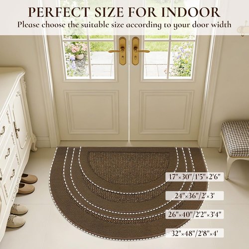 Half Circle Door Mat | Non-Slip Washable Indoor Entrance Mat - Traps Dirt & Moisture, 17"x30", Brown