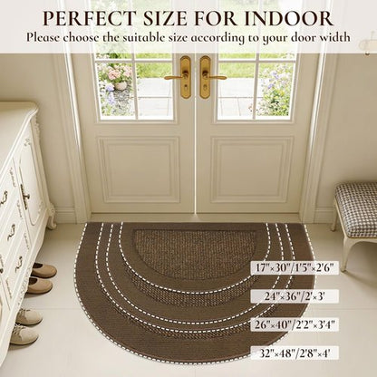Half Circle Door Mat | Non-Slip Washable Indoor Entrance Mat - Traps Dirt & Moisture, 17"x30", Brown