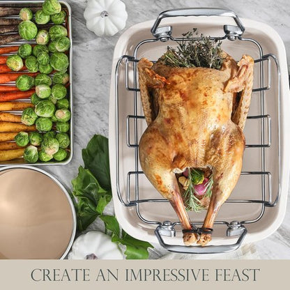 KITESSENSU Nonstick Turkey Roasting Pan - Heavy Duty 17 x 14 Inch Chicken Roaster with Rack & Wider Handles - Ideal for 24lb Turkey, Red