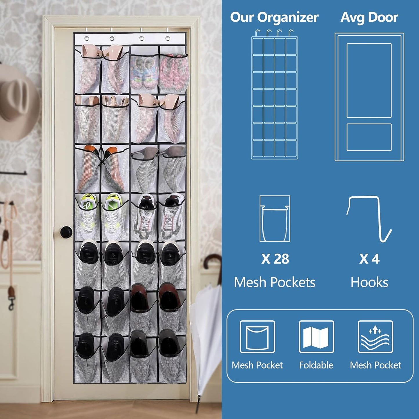 Skiennix Over The Door Shoe Organizer - 28 Mesh Pockets for Space-Saving Storage | White