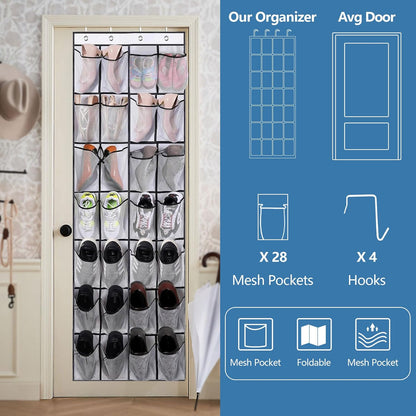 Skiennix Over The Door Shoe Organizer - 28 Mesh Pockets for Space-Saving Storage | White