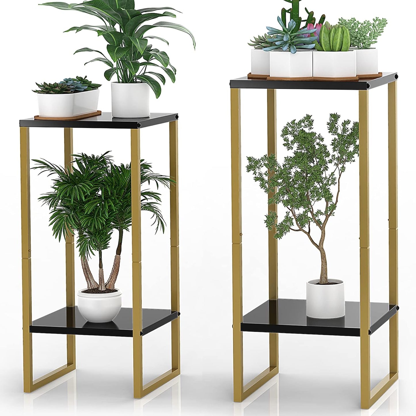 Moforoco Tall Plant Stand - Modern Metal Pedestal Planter Shelf for Indoor & Outdoor Use | Large Black Gold Design