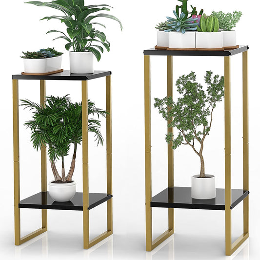 Moforoco Tall Plant Stand - Modern Metal Pedestal Planter Shelf for Indoor & Outdoor Use | Large Black Gold Design