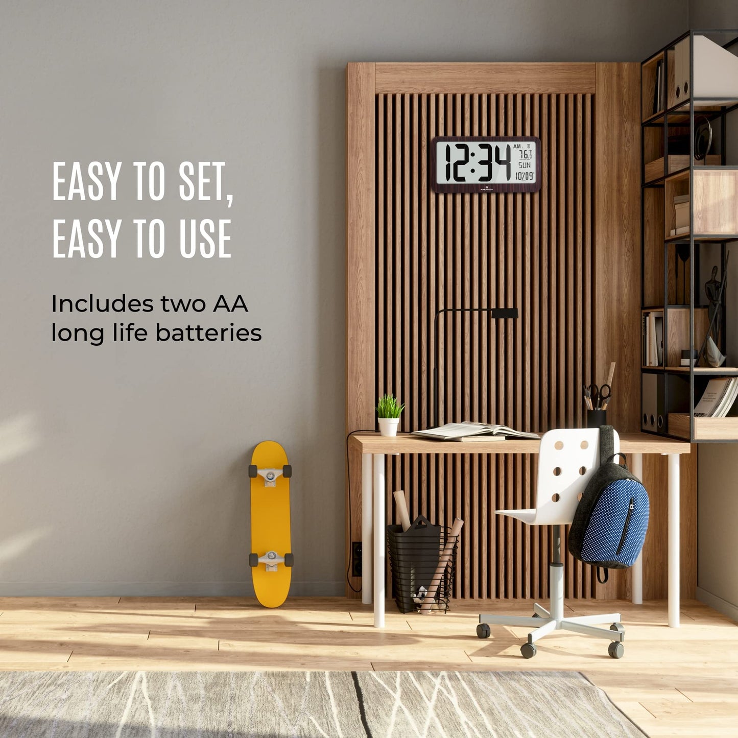 MARATHON Slim Jumbo Panoramic Atomic Wall Clock with Date & Temperature, Wood Grain - Large 17-Inch Display - AM/PM or 24-Hour Time Format, Eight Time Zones - Four AA Batteries Included